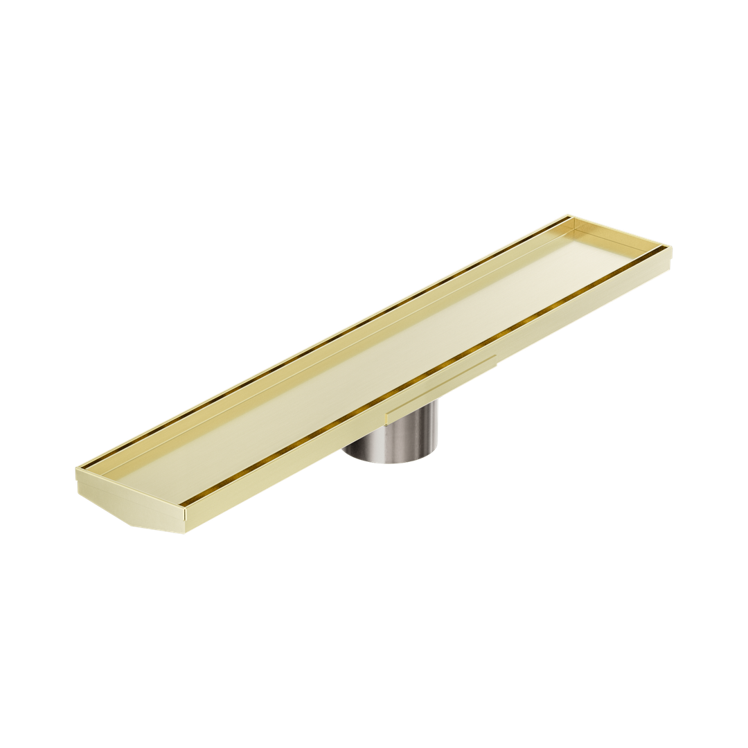 Nero Tile Insert V Channel 600X106Mm Floor Grate 80Mm Outlet Brushed Gold