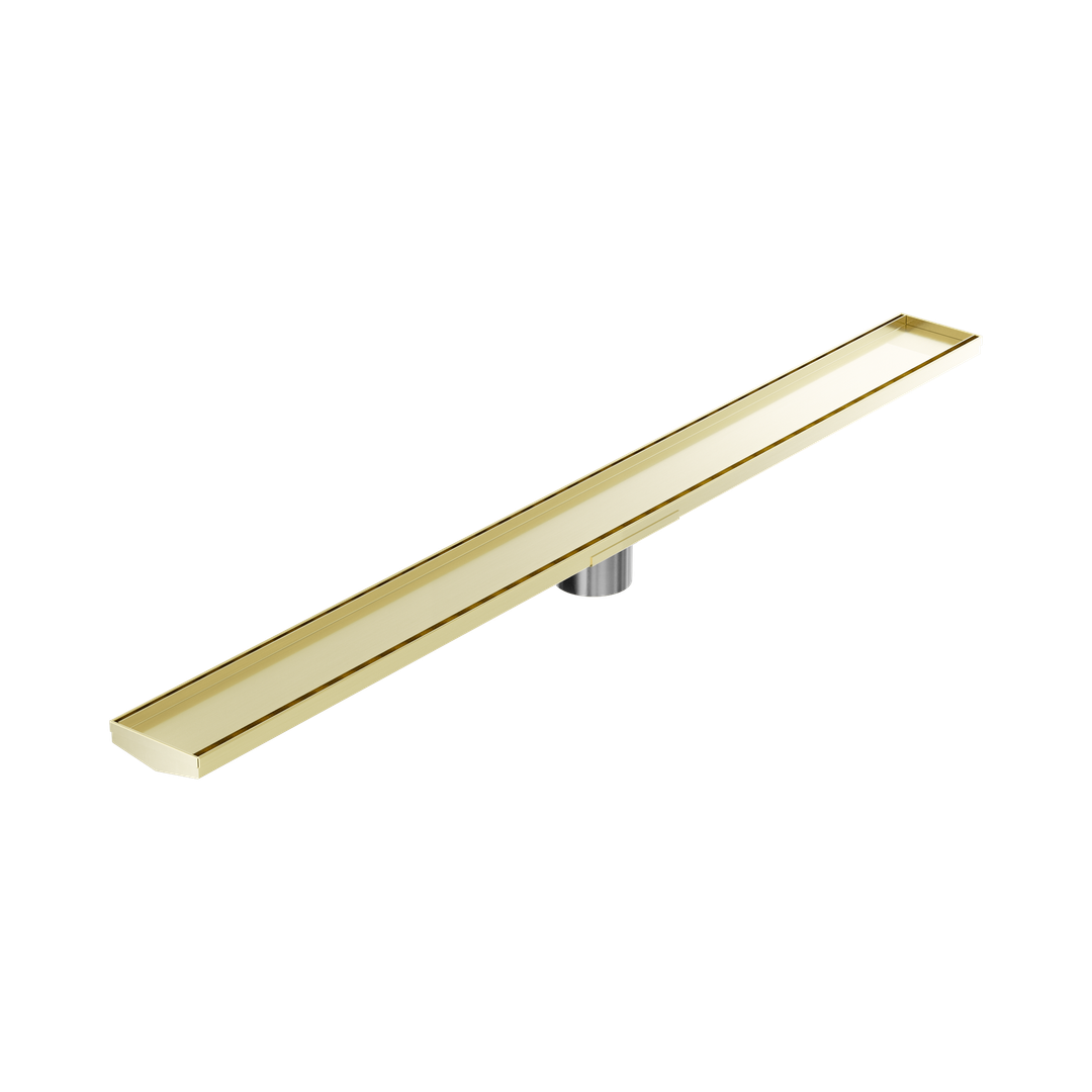 Nero Tile Insert V Channel 1200X106Mm Floor Grate 80Mm Outlet Brushed Gold