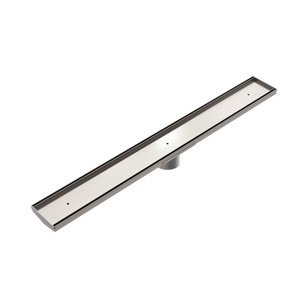 Nero Tile Insert V Channel 800X82Mm Floor Grate 50Mm Outlet Brushed Nickel