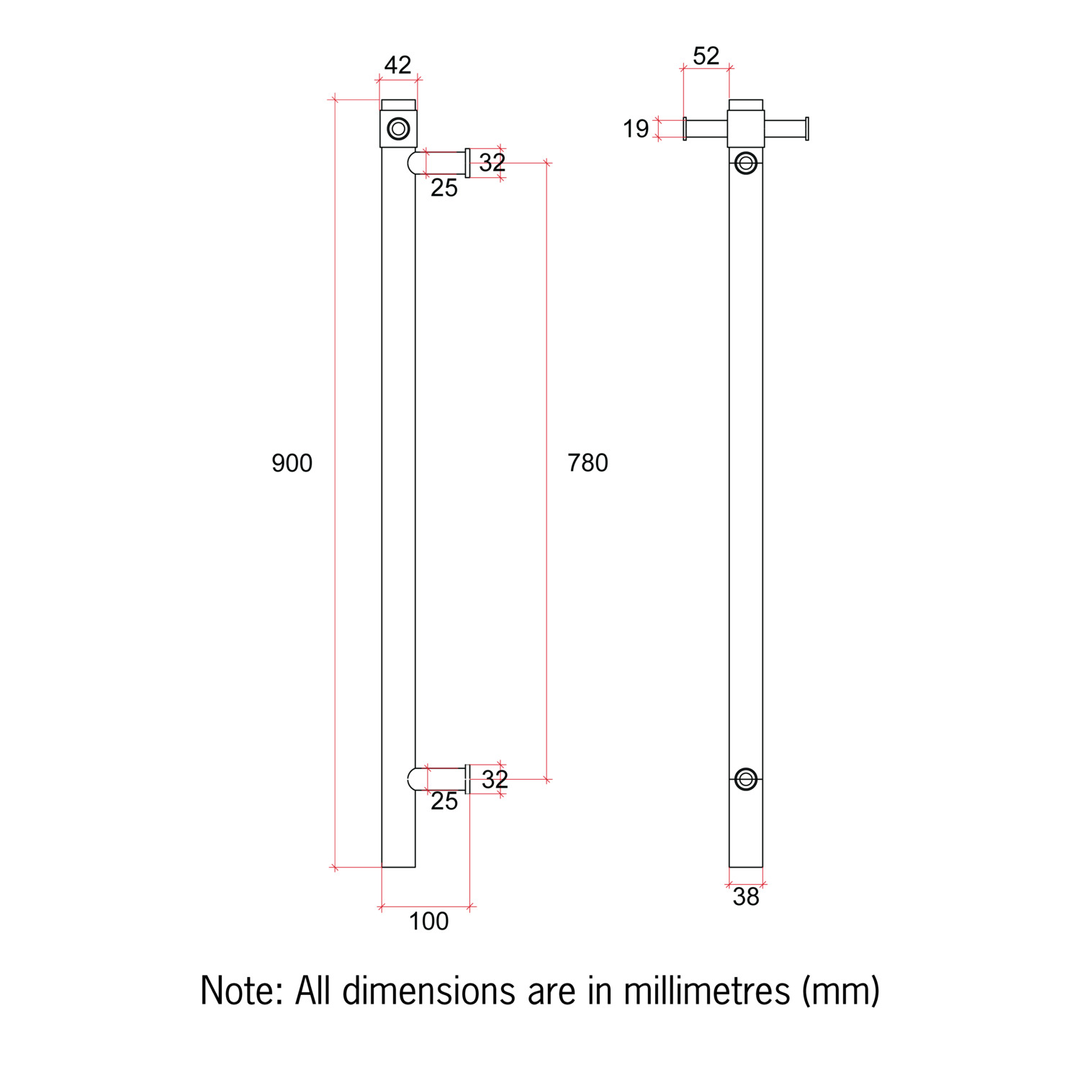 Thermorail Straight/Round 240Volt Vertical Bar 900X142X100Mm 20Watt & Hook Brushed Brass