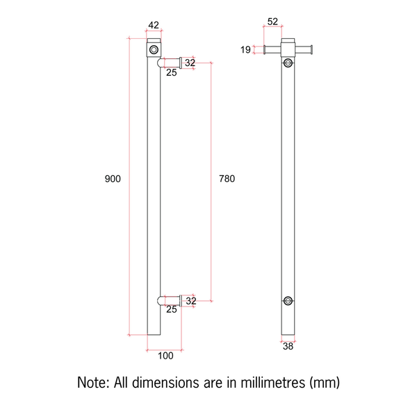 Thermorail Straight/Round 240Volt Vertical Bar 900X142X100Mm 20Watt With Optional Hook Brsh Nickel