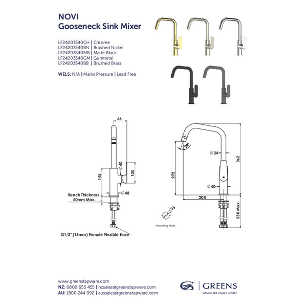 Greens Novi Gooseneck Sink Mixer Pvd Brushed Nickel