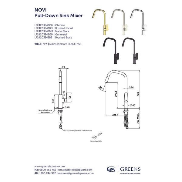 Greens Novi Pull-Down Sink Mixer Pvd Brushed Brass