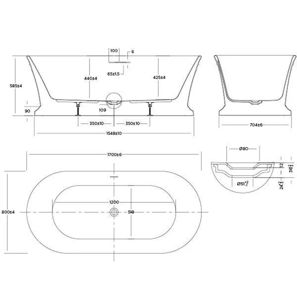 Oceano Oasis 1700X800 Freestanding Bath Includes White Overflow Waste Outlet