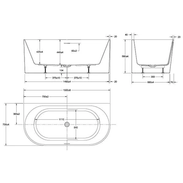 Oceano Adore 1500X730 Gloss Back To Wall Bath Includes White Overflow Waste Outlet