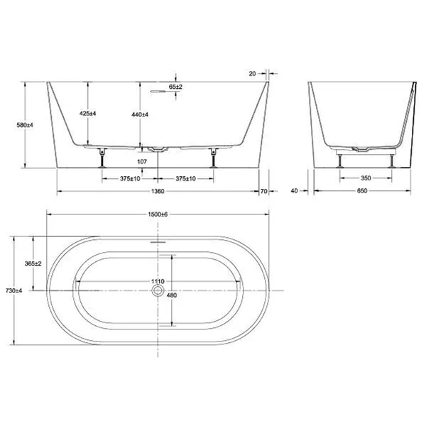 Oceano Adore 1500X730 Gloss Free-Standing Bath Includes White Overflow Waste Outlet