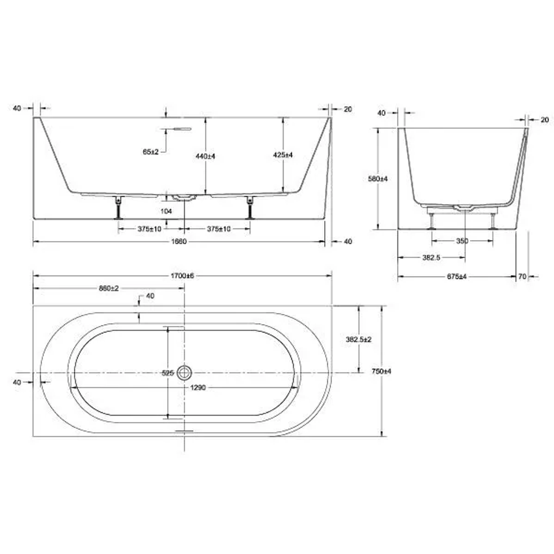 Oceano Adore 1700X750 Gloss Back To Wall Bath Includes White Overflow Waste Outlet