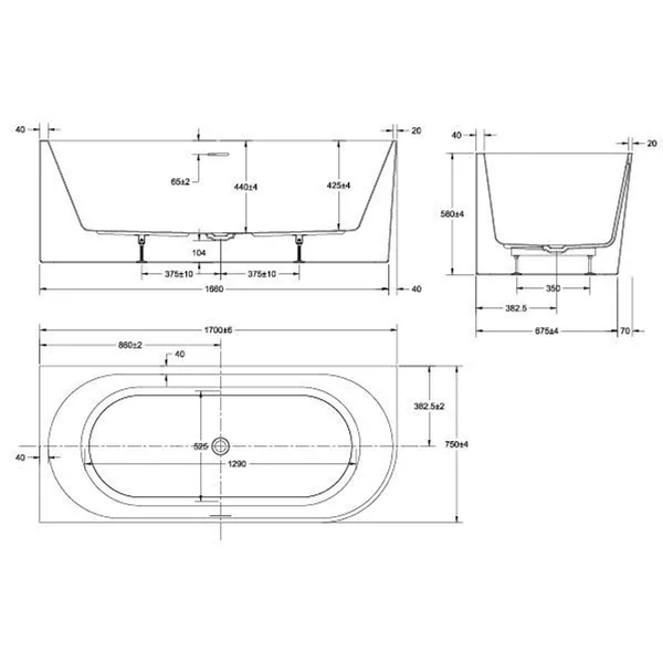Oceano Adore 1700X750 Gloss Back To Wall Bath Includes White Overflow Waste Outlet