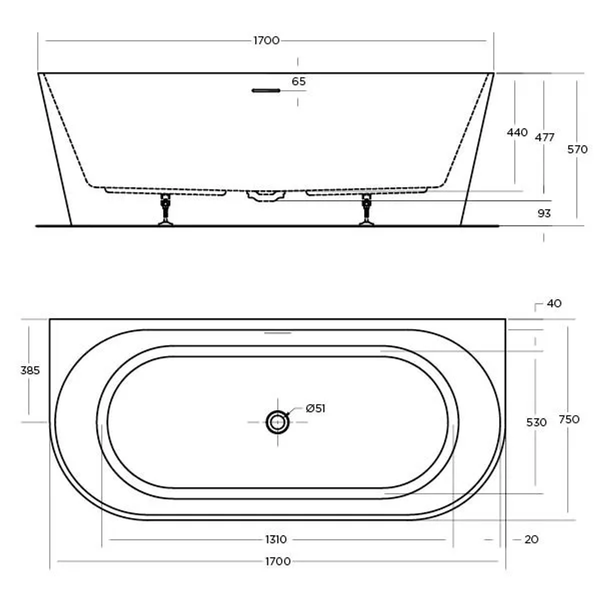 Oceano Eco 1700 Back-to-Wall Bath White 1700mm X 750mm No Overflow