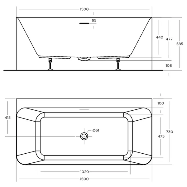 Oceano Lunus 1500 Back-to- Wall Bath White 1500mm X 750mm