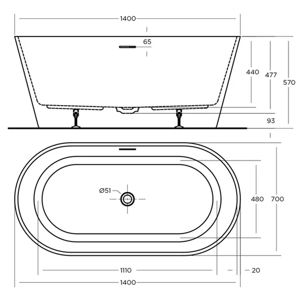 Oceano Nava 1400 Freestanding Bath White 1400mm X 700mm