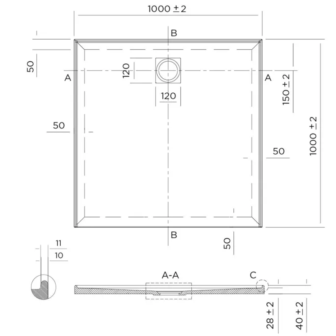 Oceano Profile 1000X1000 3-Sided Tile Flange Shower Base