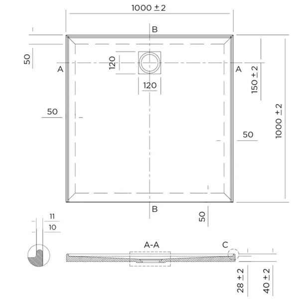 Oceano Profile 1000X1000 3-Sided Tile Flange Shower Base
