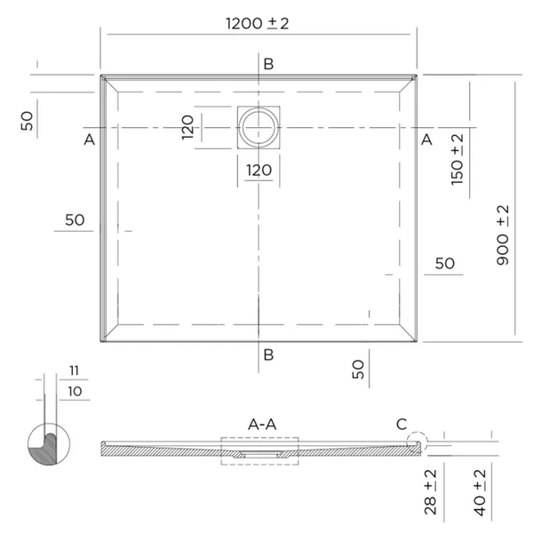 Oceano Profile 1200X900 Left Hand 2-Side Tile Flange Shower Base