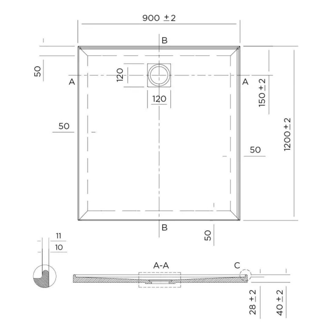 Oceano Profile 900X1200 Right Hand 2-Side Tile Flange Shower Base