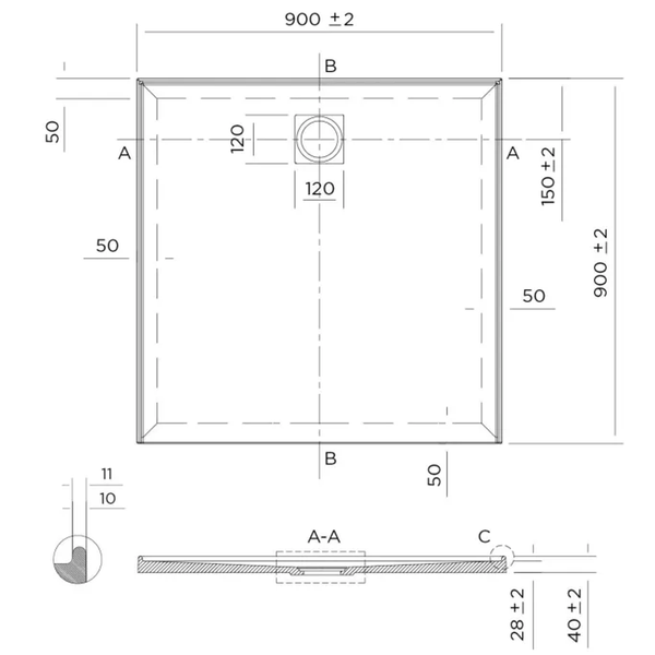 Oceano Profile 900X900 3 Sided Tile Flange Shower Base