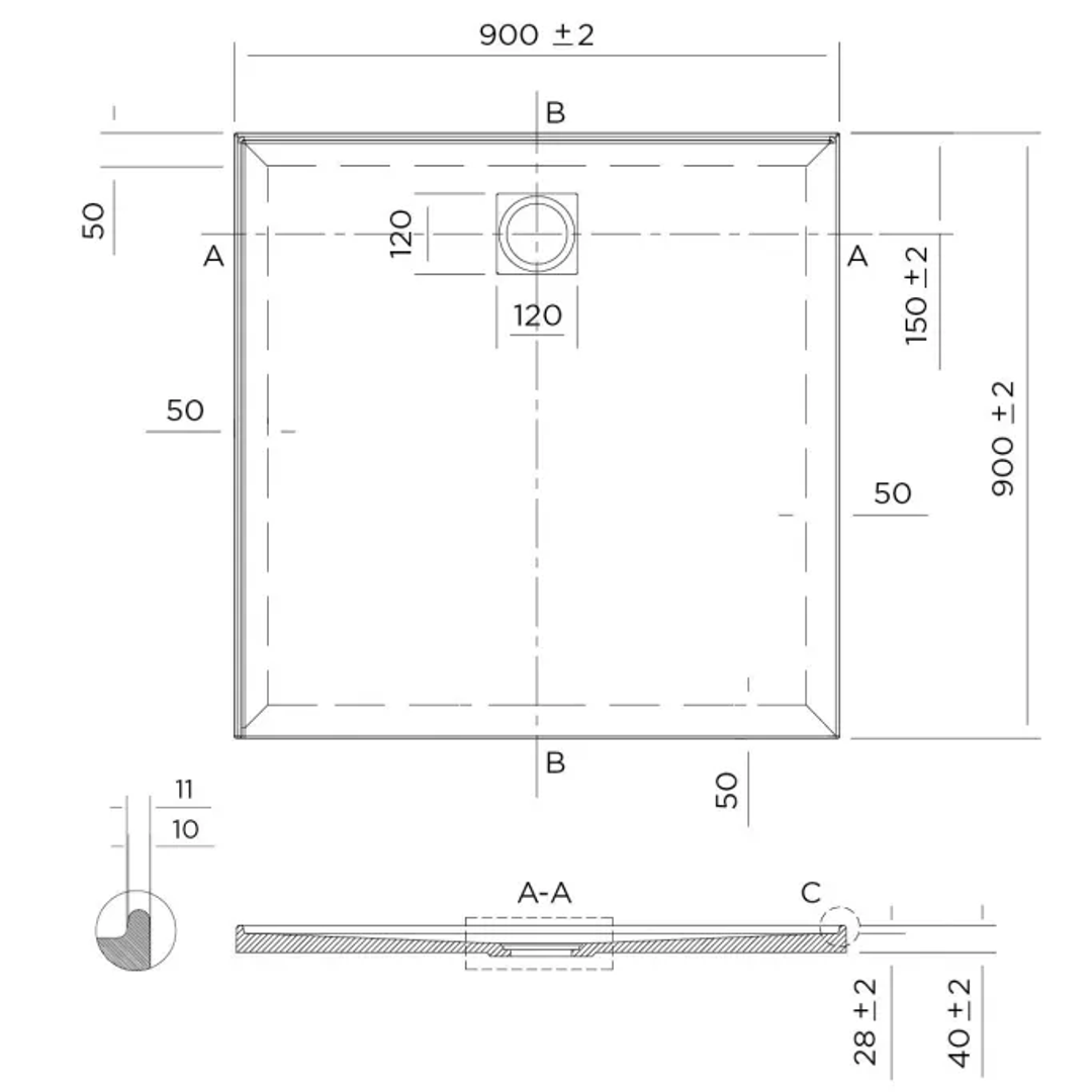 Oceano Profile 900X900 Left Hand Tile Flange Shower Base