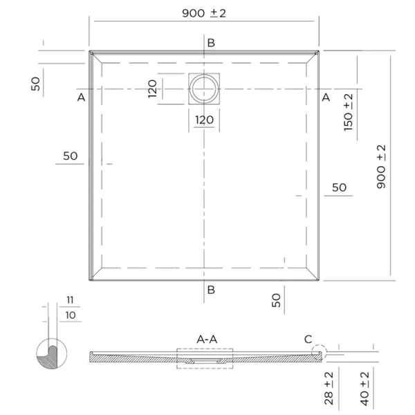 Oceano Profile 900X900 Left Hand Tile Flange Shower Base