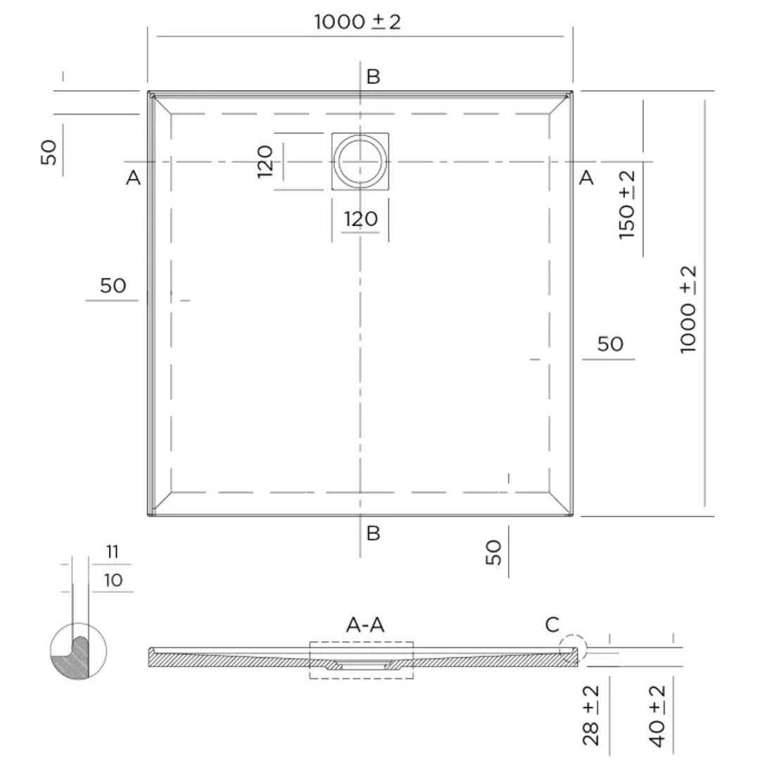 Oceano Profile 1000X1000 Right Hand 2-Sided Tile Flange Shower Base