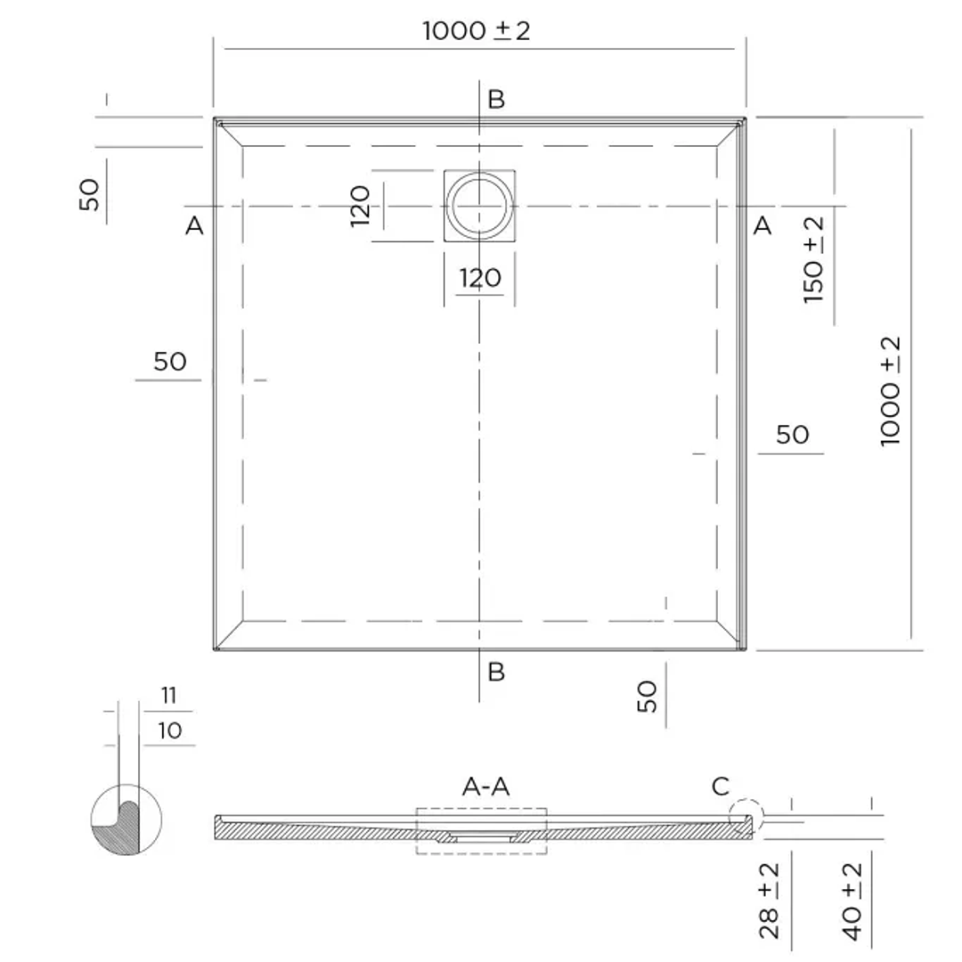 Oceano Profile 1000X1000 Left Hand 2-Sided Tile Flange Shower Base