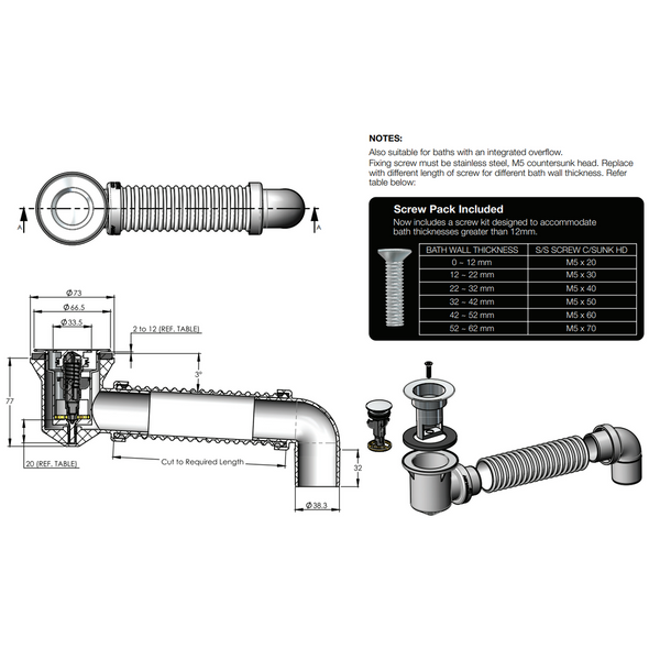 Bounty Plug & Waste Bath Bend Pop Down With Connector Matt White