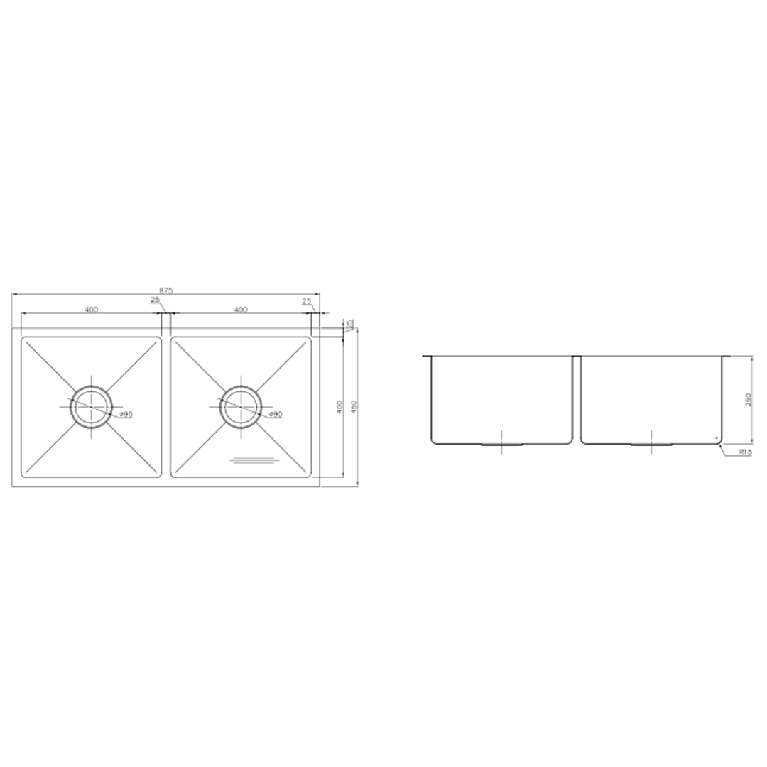 Interchange Uptown Double Bowl Sink 875 X 450 X 200 - Radius Corner