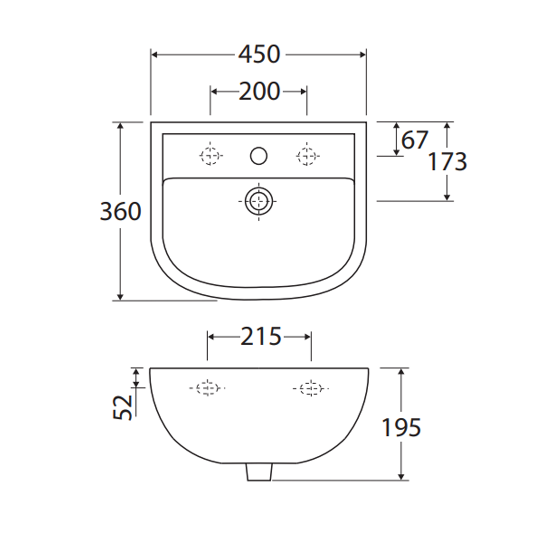 Rak Compact 450 Wall Basin 450X360mm 1 Tap Hole White
