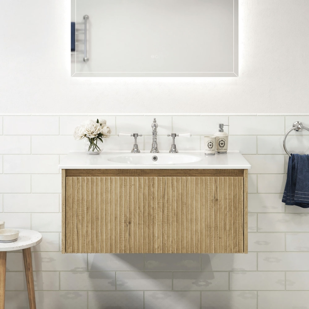 Fienza Rotondo 900 Alina Scandi Oak Wall Hung Cab 1 Drawer 3 Tap Hole