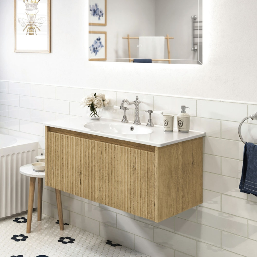 Fienza Rotondo 900 Alina Scandi Oak Wall Hung Cab 1 Drawer 3 Tap Hole