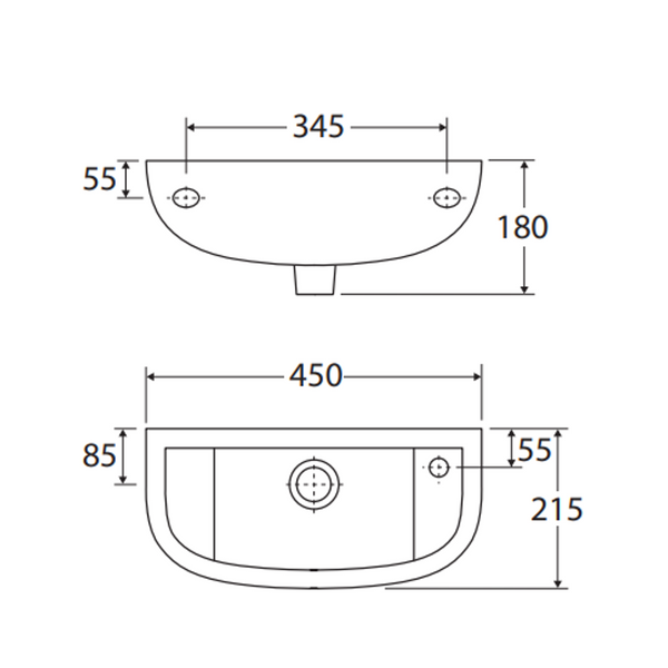 Rak Compact Slim Wall Basin 450X215mm 1 Tap Hole(Rhs) White