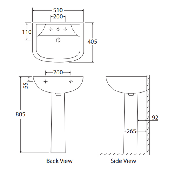 Rak Lara 500 Wall Basin With Pedestal 510X405mm 3 Tap Hole White