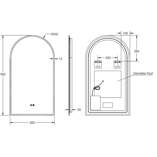 Remer Arch 500D Brushed Nickel Led Mirror 510H X 910W X 40D