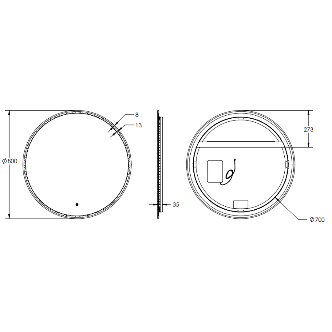 Remer Sphere 800D Matt Black Led Mirror 810W X 810H X 40D