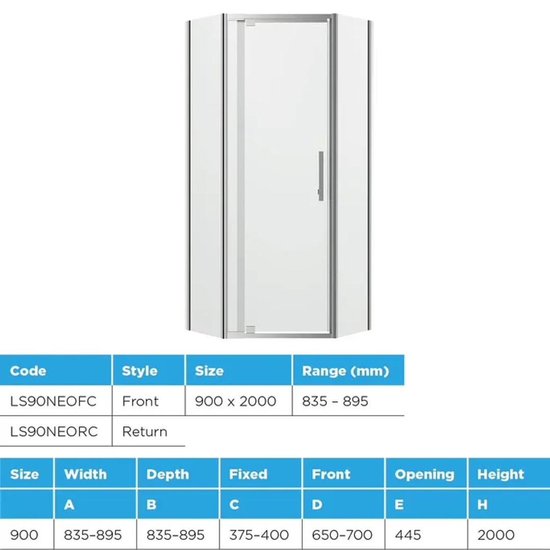 Oceano Louve Angle Pivot Neo Shower Screen Return Chrome 900 X 2000
