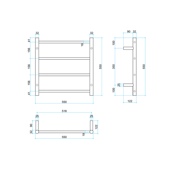 Thermogroup Thermorail Straight/Round 550X550X122Mm 41Watts 4 Bars - Brushed Nickel