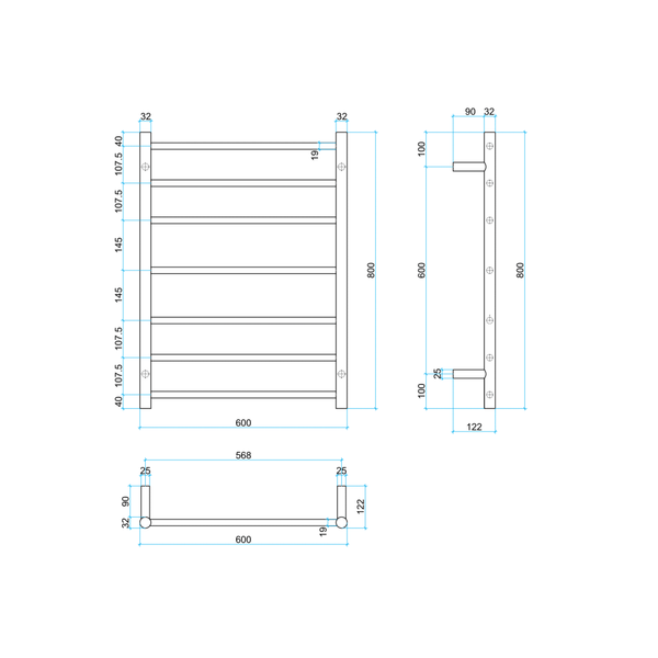 Thermogroup Thermorail Straight/Round 600X800X122Mm 80Watts 7 Bars - Brushed Nickel