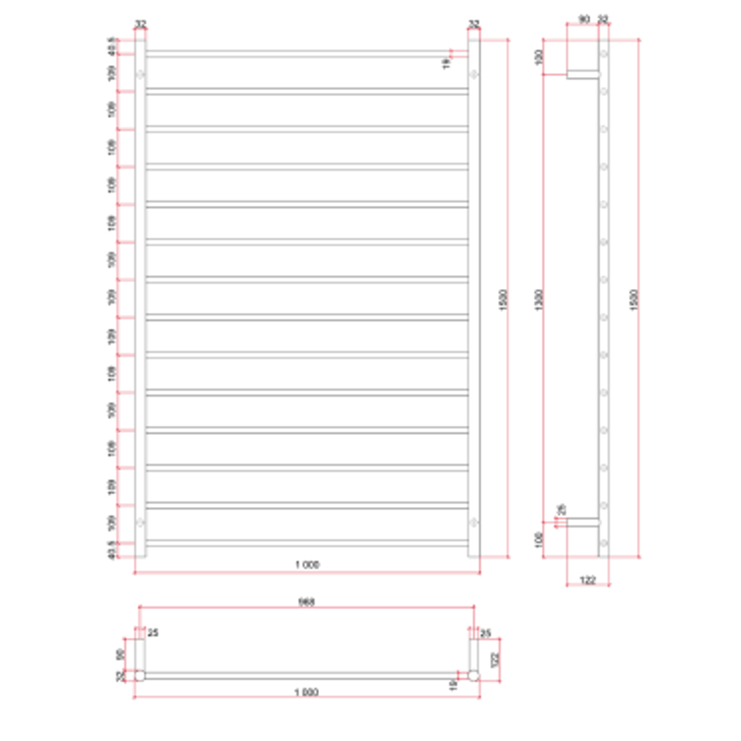Thermorail Straight Round Stainless Ladder - 1000X1500X122mm 244Watts 14 Bars
