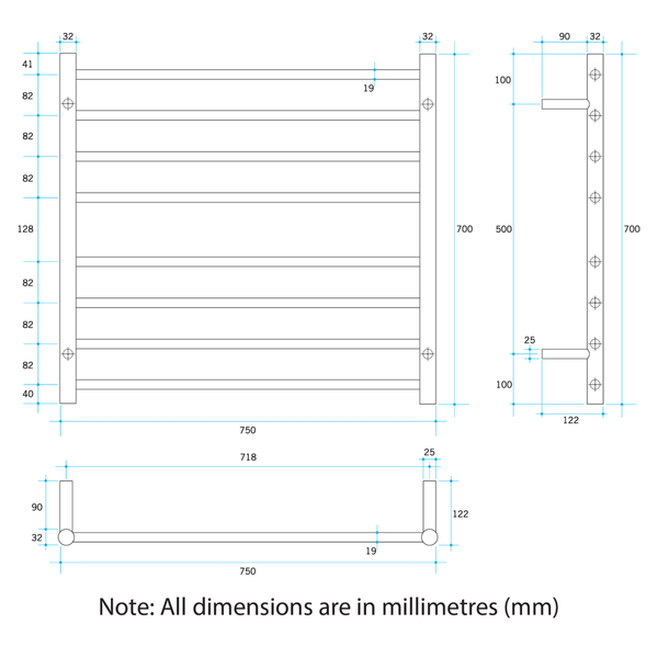 Thermogroup Thermorail Straight/Round 750X700X122Mm 104Watts 8 Bars - Brushed