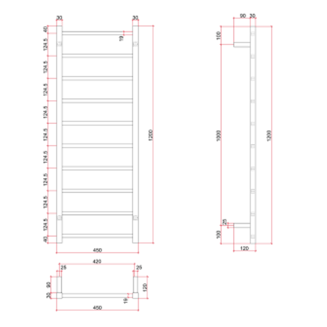 Thermorail Straight/Square 450x1200x120mm 89Watts 10 Bars