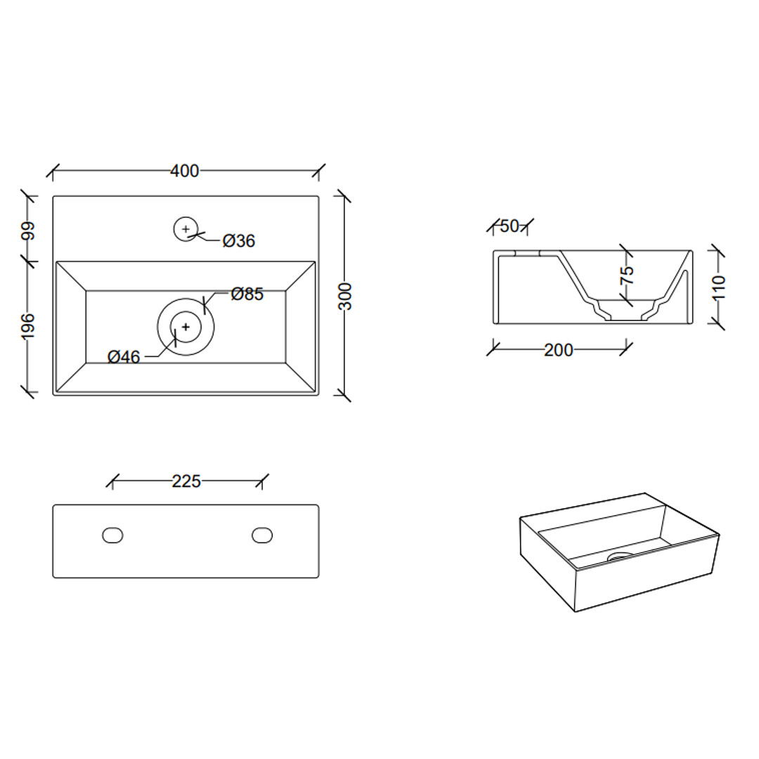 Studio Bagno Bench/Wall Basin With 1 Tap Hole Gloss White Spy40/1