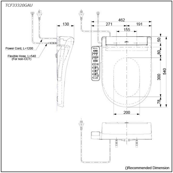 TOTO Washlet S2 TOTOTCF33320GAU (D-Shape) (Side Control) Washlet only