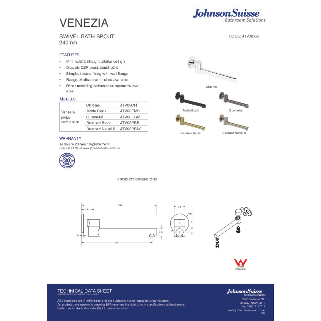 Johnson Suisse Venezia Swivel Bath Spout Pvd Brushed Nickel Ii