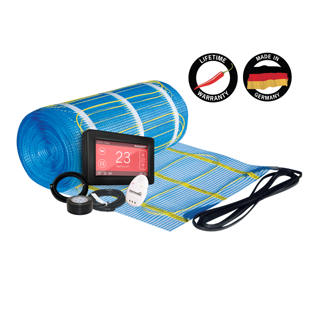 Thermonet EZ 150W/m² Self Adhesive 16x0.5m - 8.0m² 1200Watts Floor Heating Kit Including Black 5246 Dual Thermostat