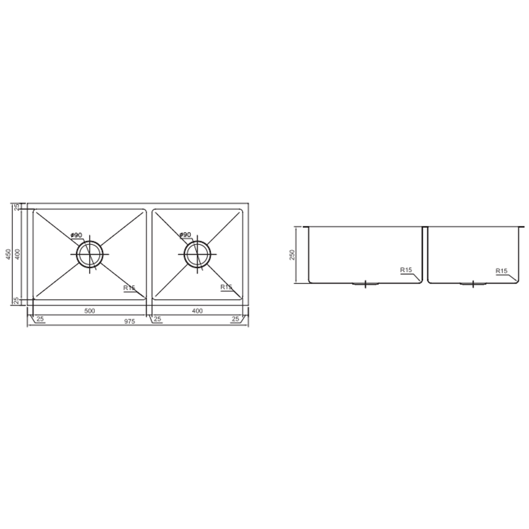Interchange Uptown 250 Double Bowl Sink Radius Corner - 975 X 450 X 250