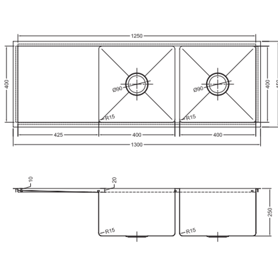 Interchange Uptown 250 Double Bowl Sink & Drainer Radius Corner - 1300 X 450 X 250