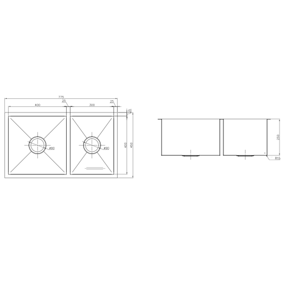 Interchange Uptown 250 1 & 3/4 Double Bowl Sink Square Corner - 775 X 450 X 250