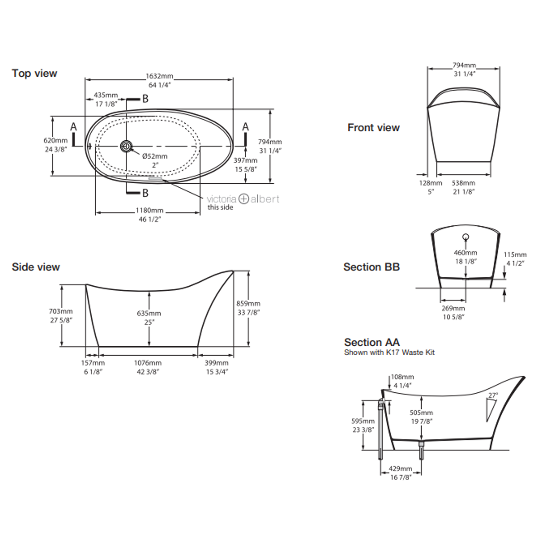 V+A Amalfi Freestanding Bath No Overflow Quarrycast White 1632mm