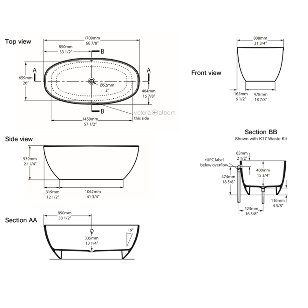 V+A Barcelona 2 Matte Stone Freestanding Bath With Void No Overflow Quarrycast White Matte 1700mm
