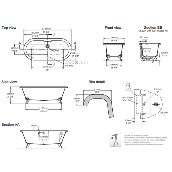 V+A Cheshire Freestanding Bath Quarrycast White Ball & Claw Feet 1744mm