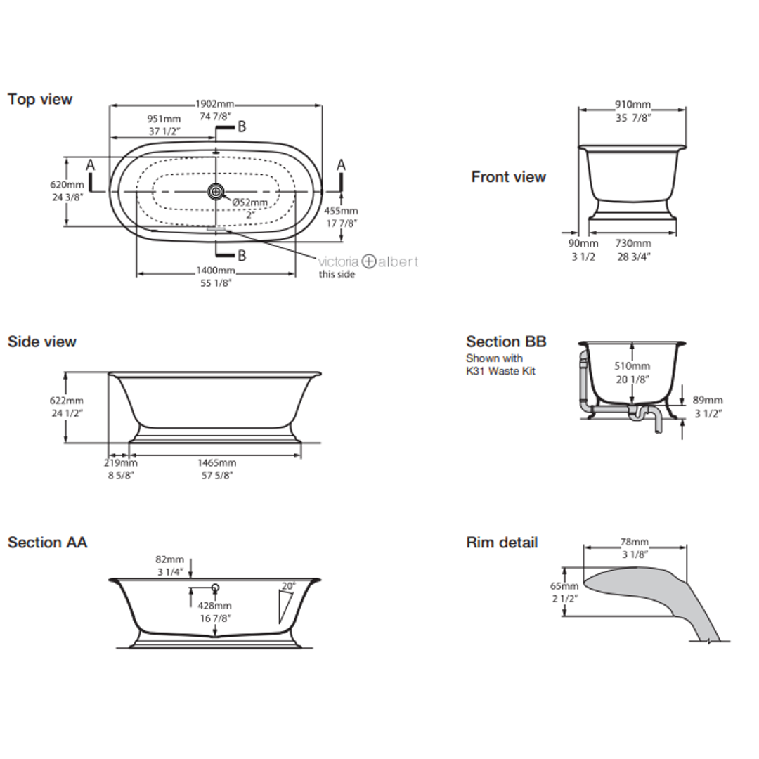 V+A Elwick Freestanding Bath Quarrycast White 1902mm